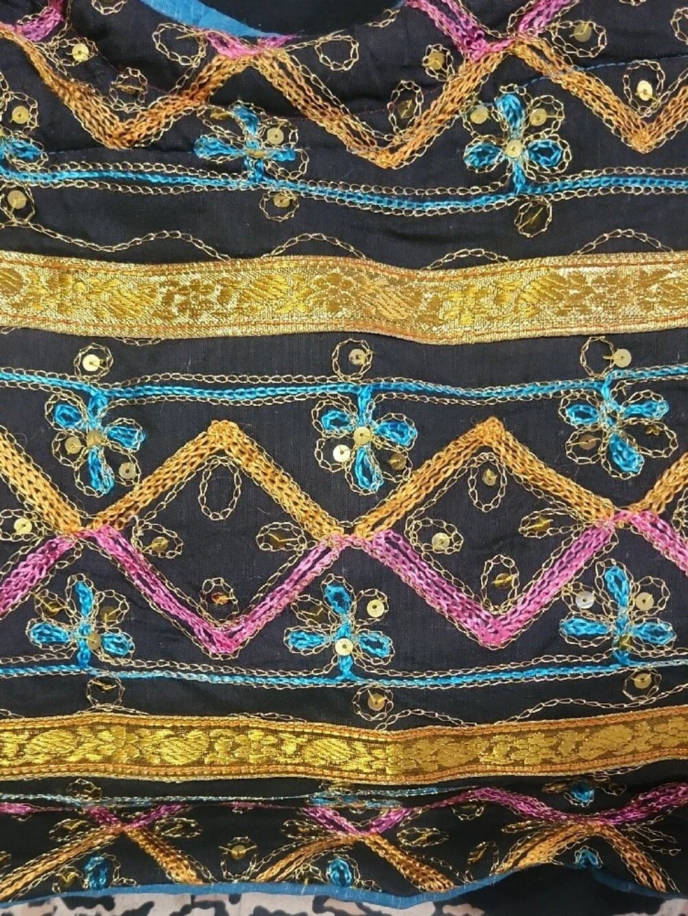 Homemade Black Embroidered Boho Bag with Gold, Pink and Blue Accents